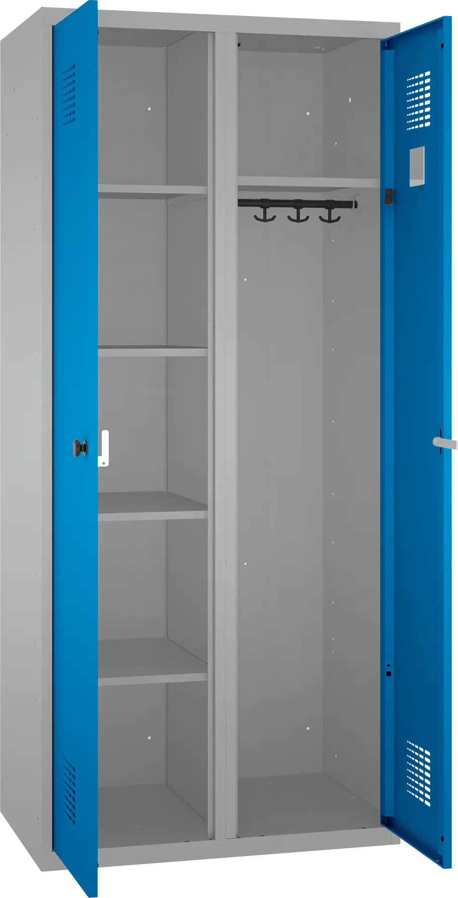 linkes Abteil mit Fachböden und rechtes Abteil mit Kleiderstange